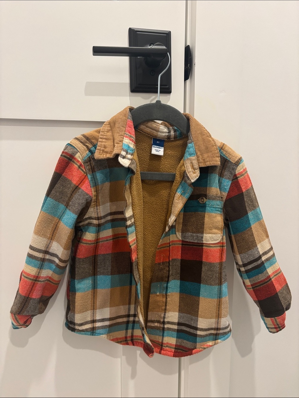 Plaid Fleece-Lined Kids Jacket in Brown/Turquoise/Red